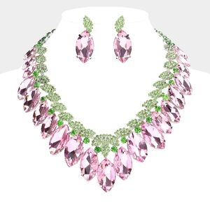 Pink & Green Marquise Crystal Stone Formal Evening Statement Necklace Set